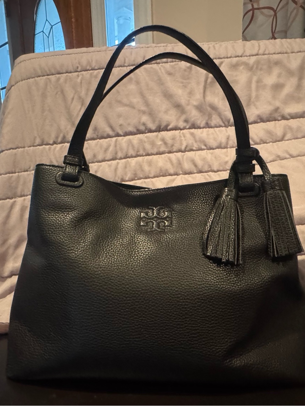 Tory Burch Black Pebbled Leather Shoulder Bag with Tassel Detail